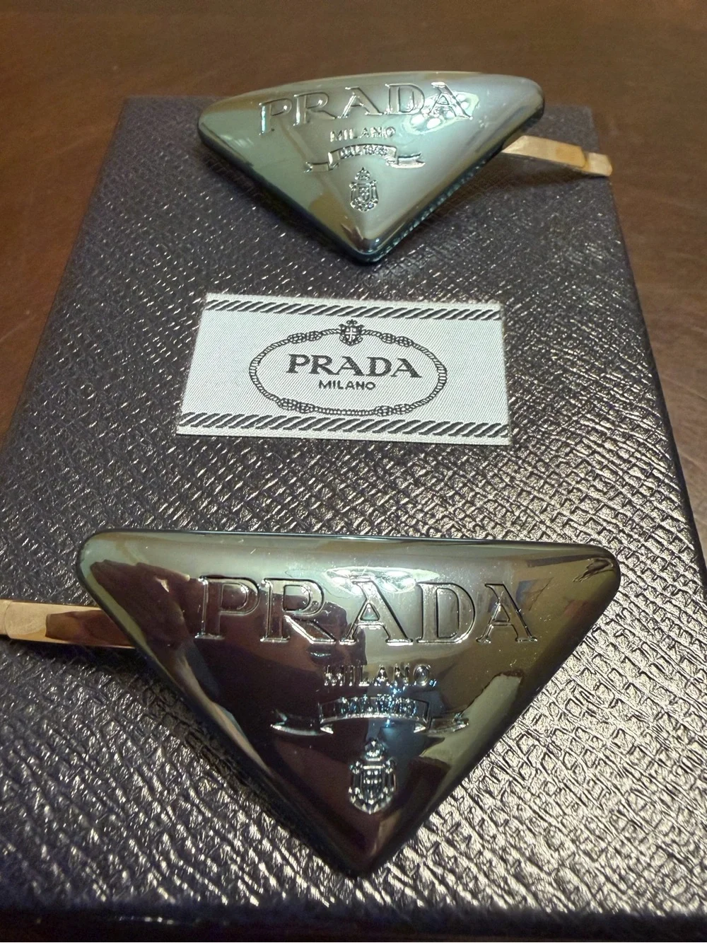 New Authentic Prada Triangle Logo Hair Clip Accessories 2 Pieces Metallic Blue